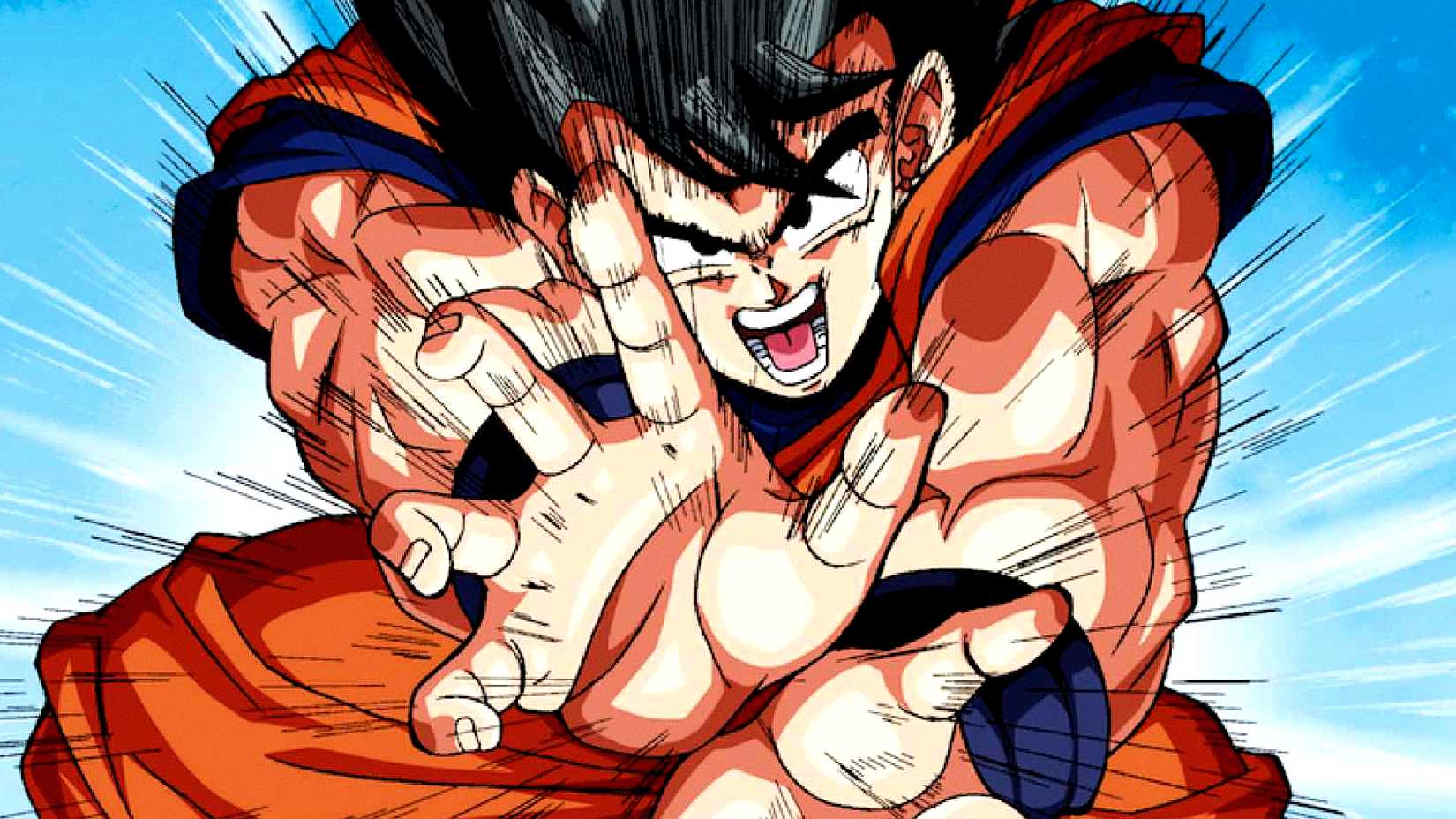 Goku shoots a Kamehameha towards the camera in Dragon Ball Z official art