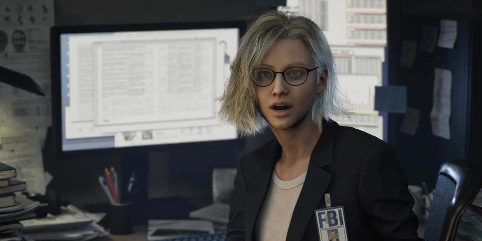 Grace looking surprised at her desk in Resident Evil Requiem