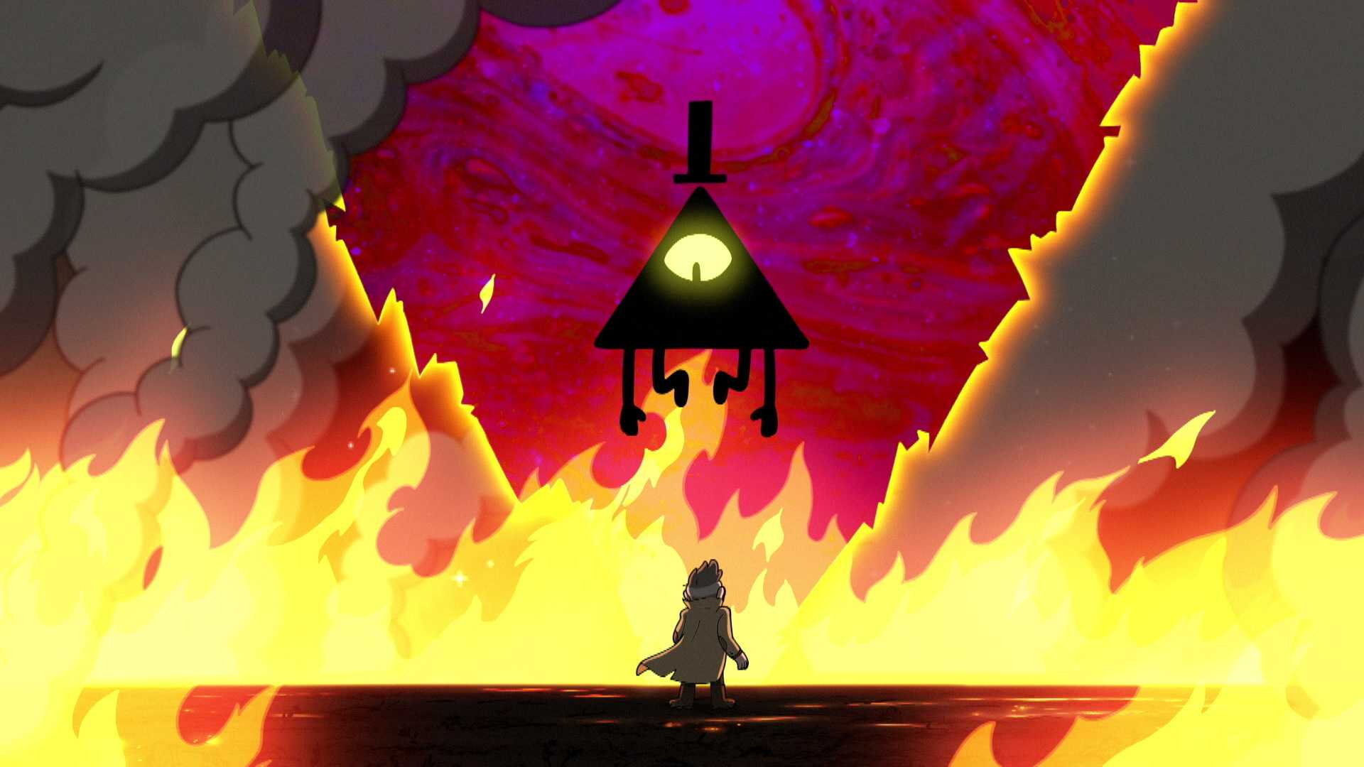 Bill Cipher and Ford having a standoff in Gravity Falls.