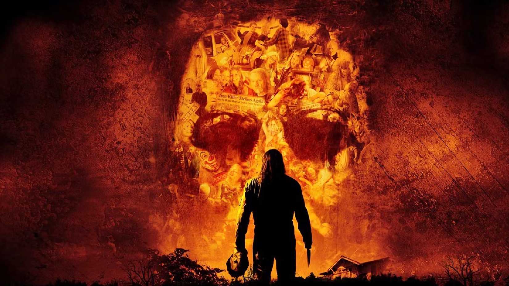 Every Version & Canon Status 3 Michael Myers standing in front of a collage of scenes from the Halloween remake that form his mask