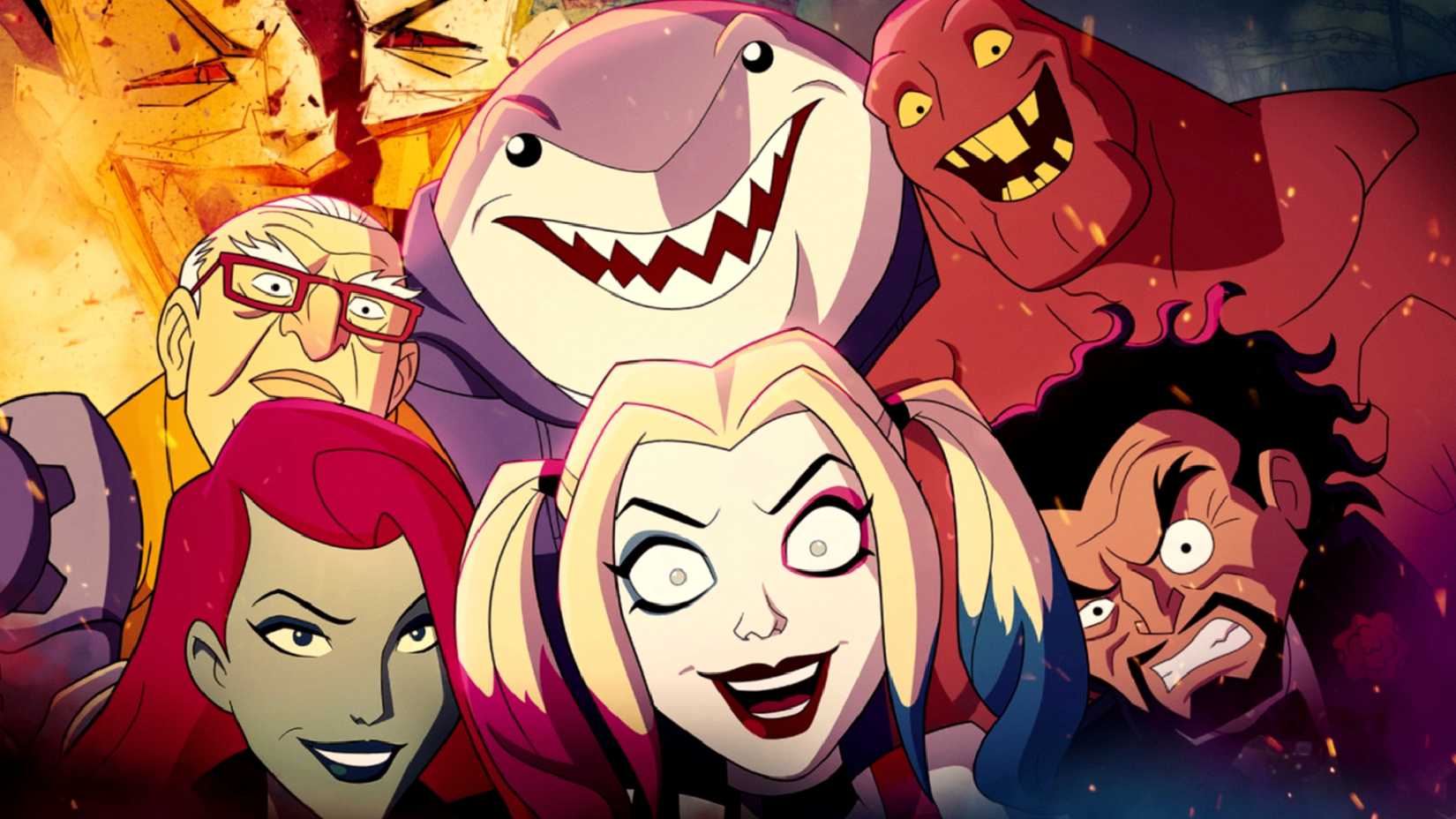 Batman & Superman Lead The Pack 3 Harleen and her friends pose for the Harley Quinn animated show poster