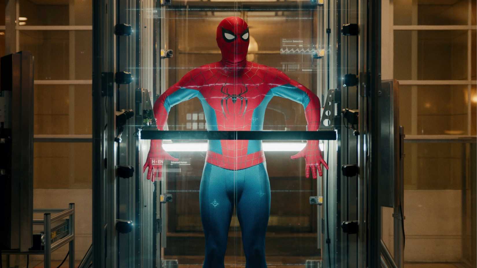 Tom Holland's Spider-Man getting scanned by a machine in Spider-Man: Brand New Day