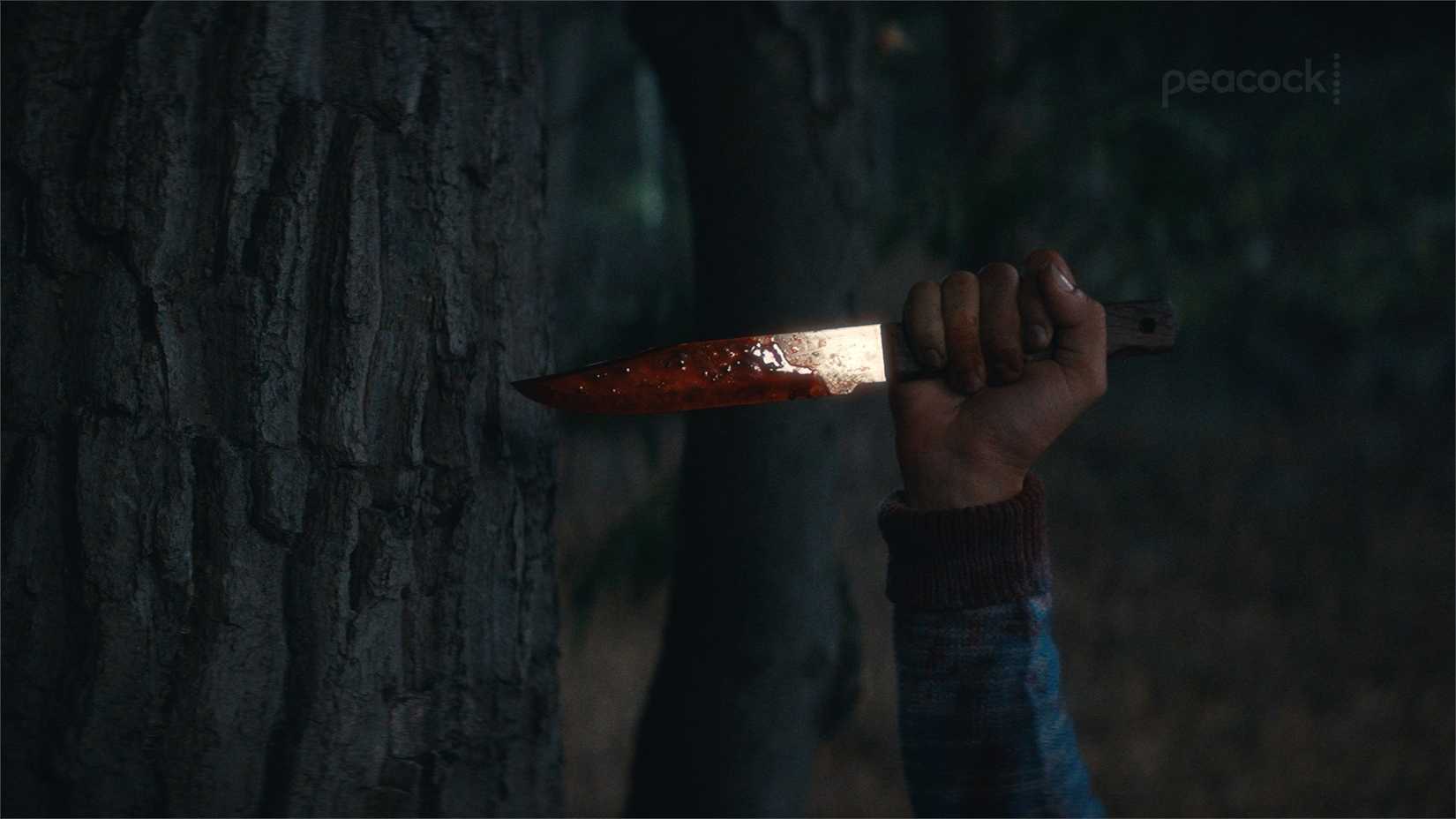 A bloody knife aimed by someone in Crystal Lake