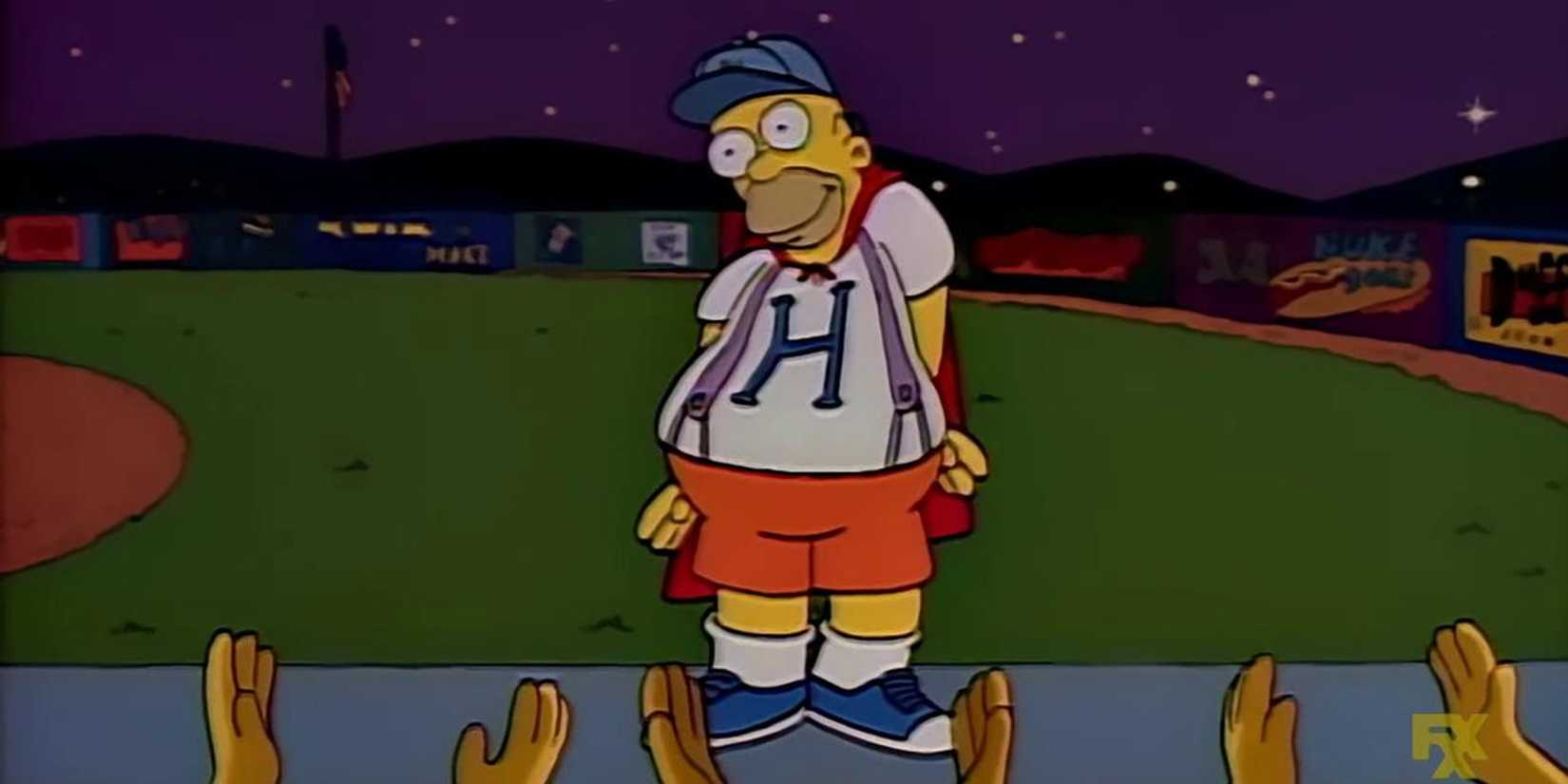 Homer Simpson dançando em um campo de baseball em The Simpsons