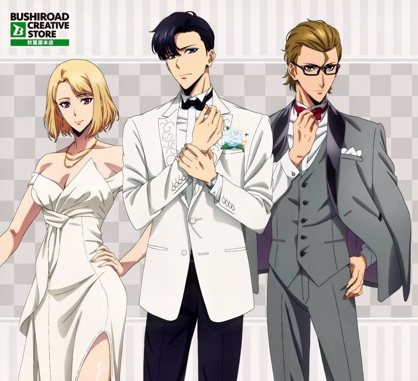 Sung Jinwoo, Cha Hae-In, and Woo Jin-chul from Solo Leveling's anime in fancy art for Bushiroad
