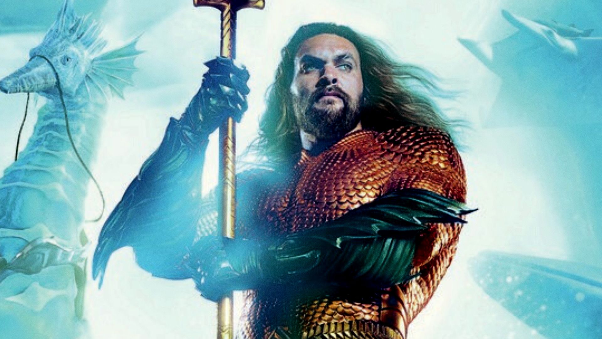 Jason Momoa's Aquaman holds his trident in James Wan's DCEU movie