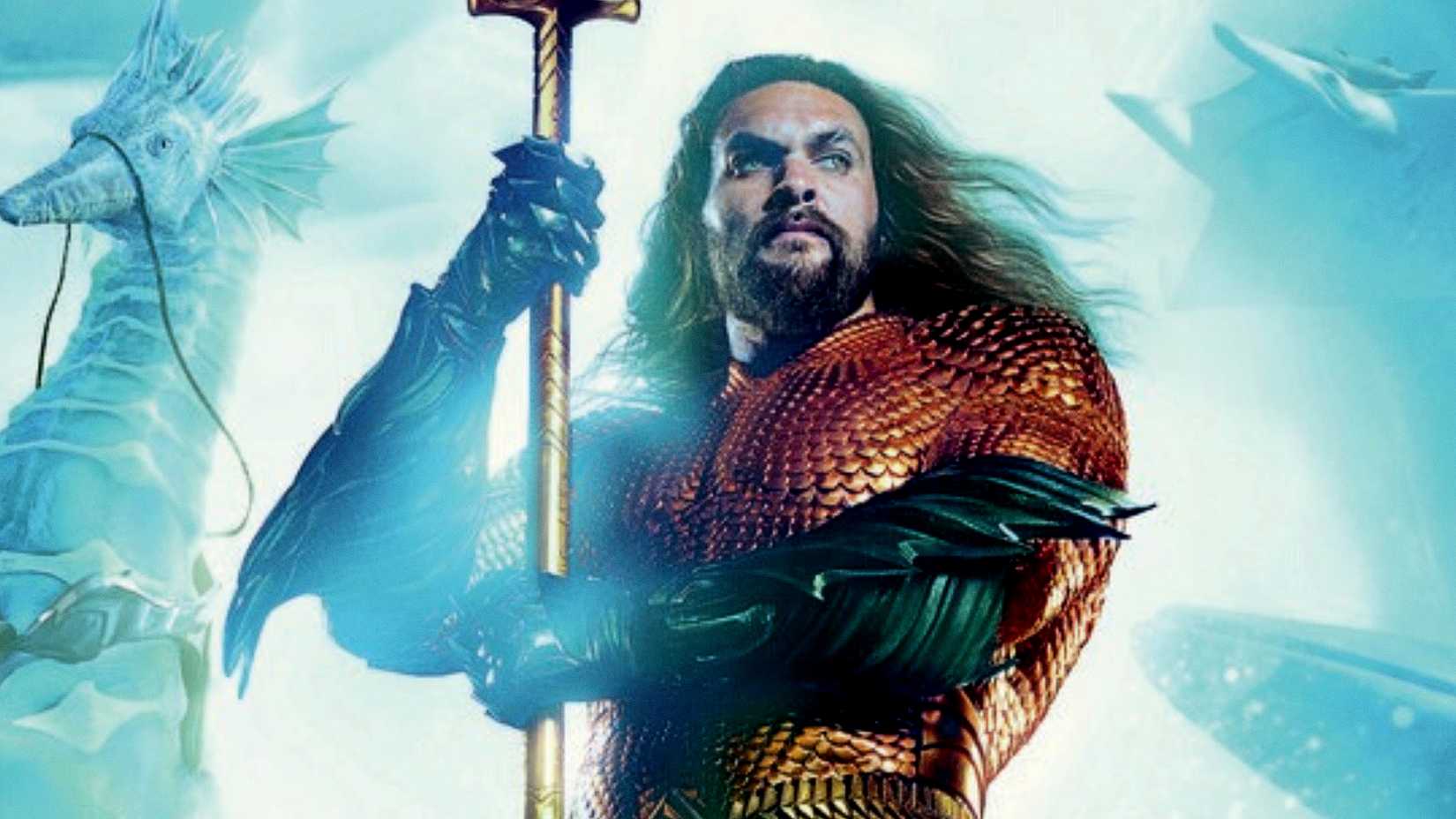 Jason Momoa's Aquaman holds his trident in James Wan's DCEU movie