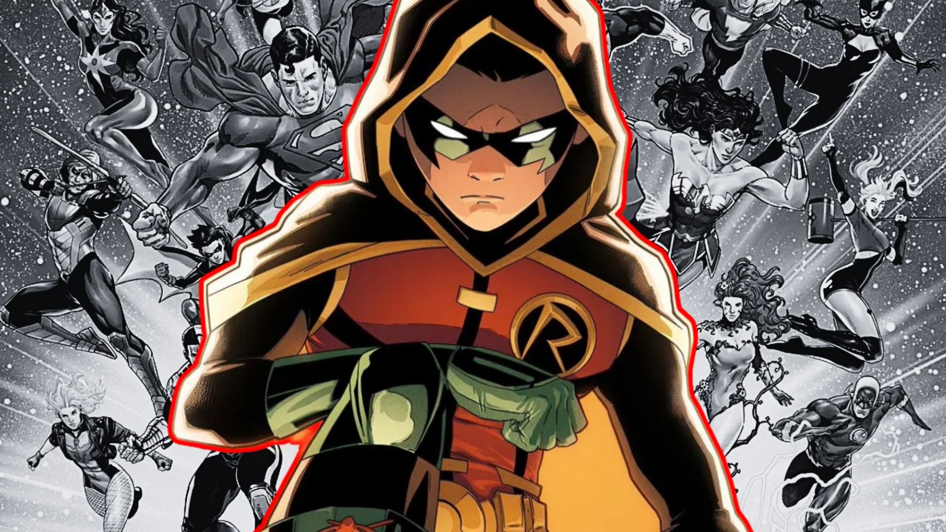 Damian Wayne's Robin with black and white Justice League in the bacground DC Comics chararacters 
