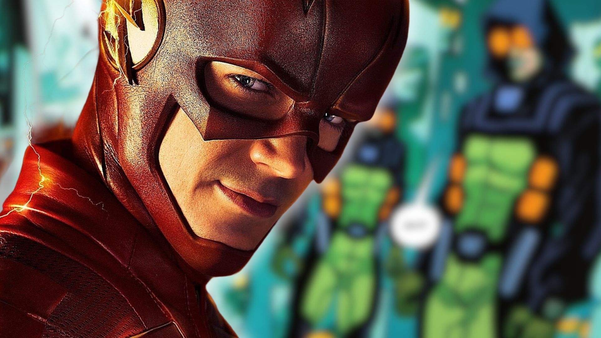 The Flash from the Arrowverse with Absolute Mirror master blurrred in background