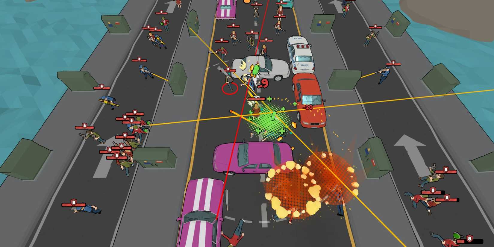 Several enemies fire at the main character in Just Move Clean City Messy Battle gameplay.
