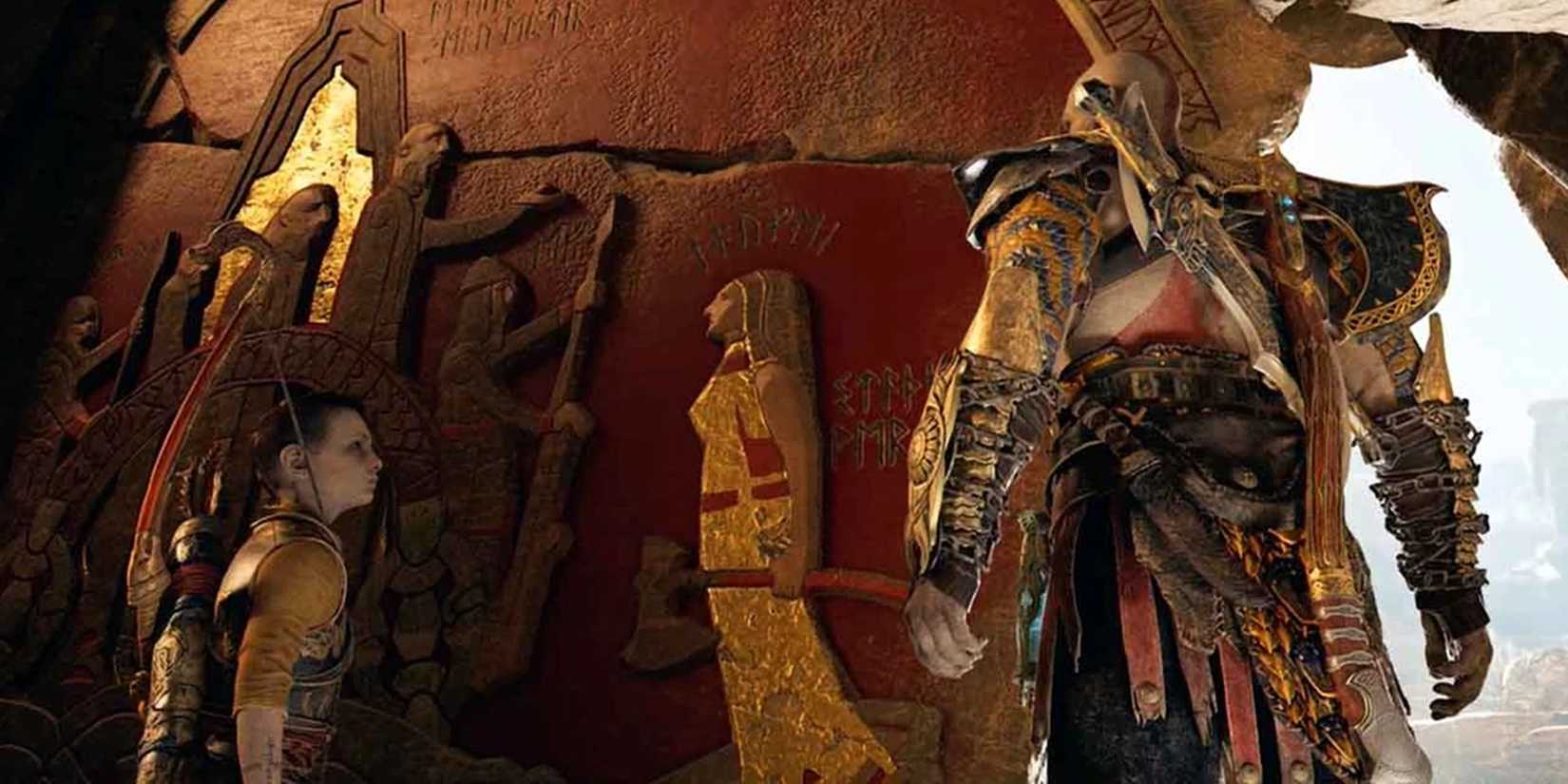 Key Game Scenes to Include 2 Kratos and Atreus look at a wall painting in God of War