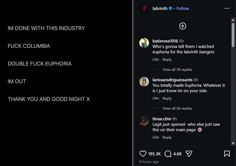 Labrinth em postagem no Instagram