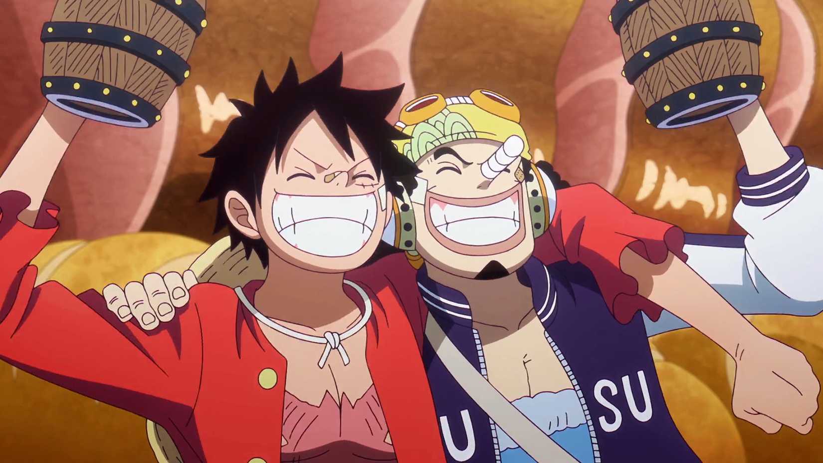 Luffy et Usopp sourient dans l'anime One Piece