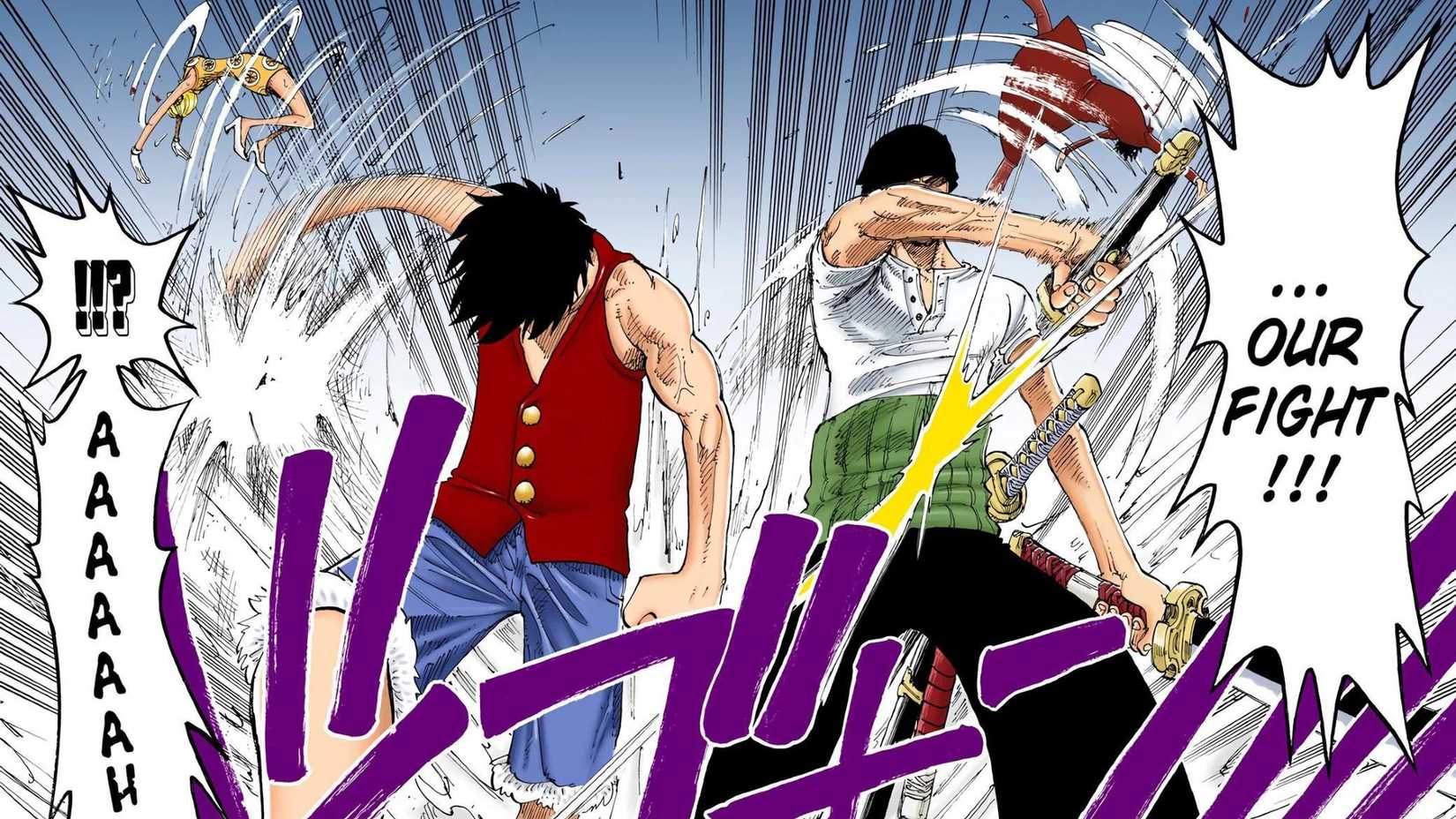 Luffy and Zoro fighting in the original One Piece manga