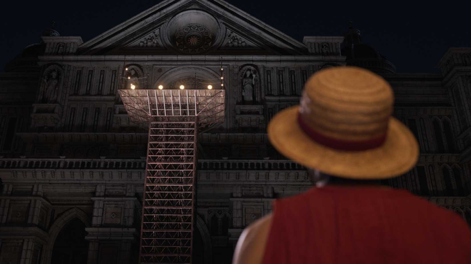 Luffy looking up at Gold Roger's execution platform in One Piece season 2