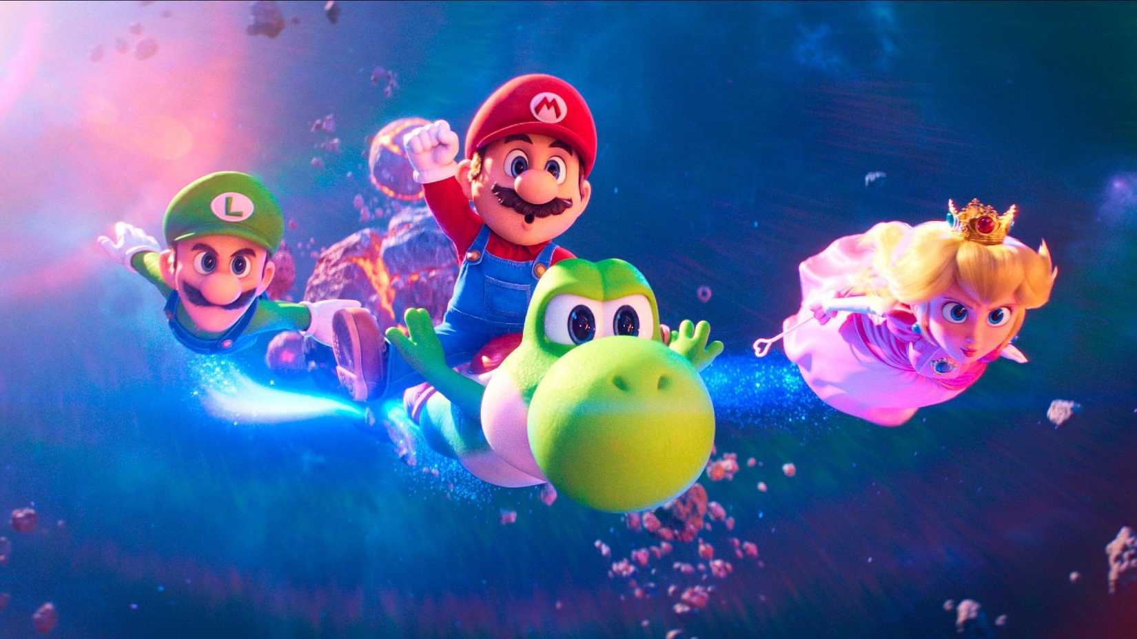 luigi mario yoshi and peach flying through space in the super mario galaxy movie