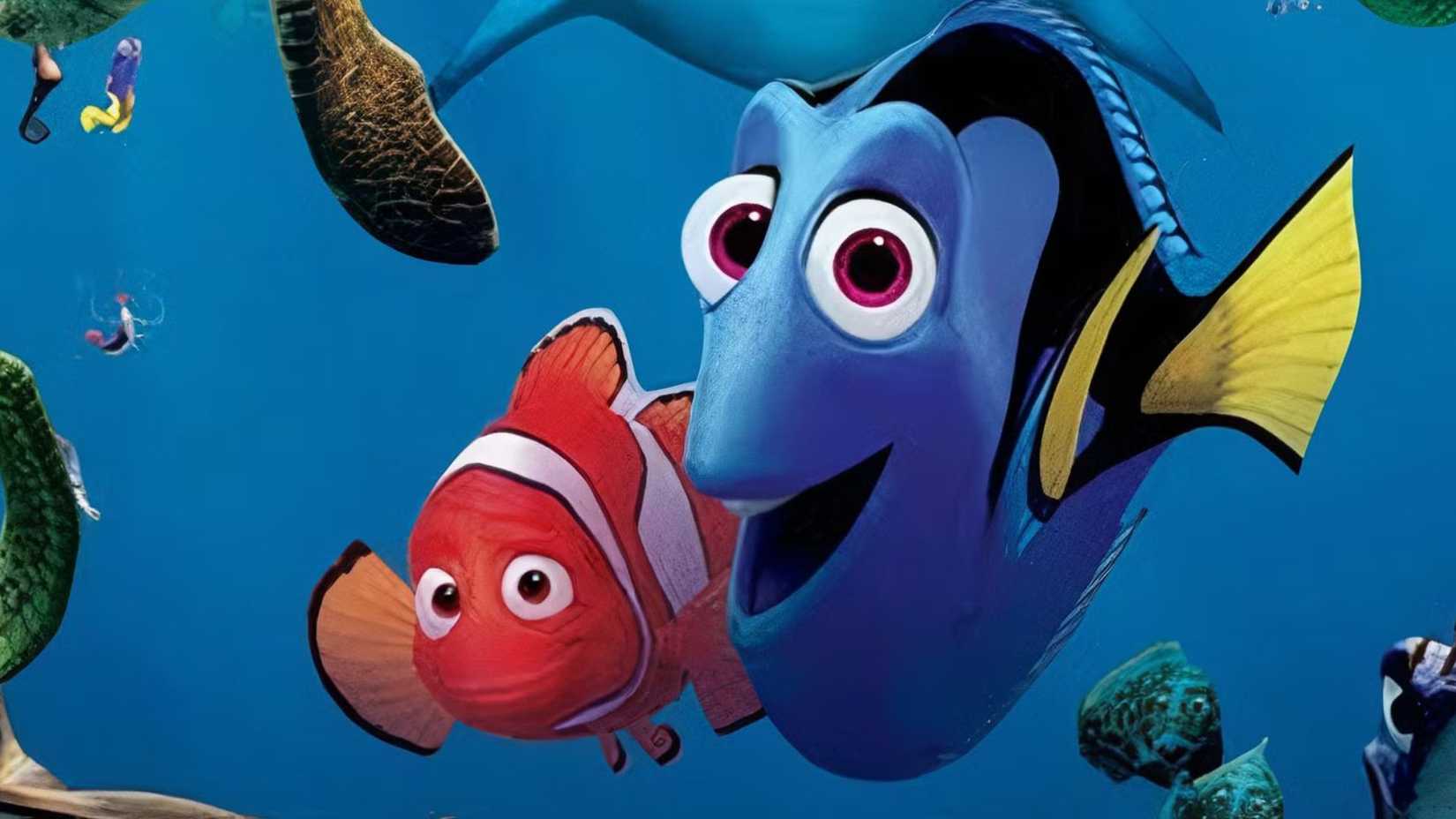 Marlin and Dory among other sea creatures in Pixar's Finding Nemo