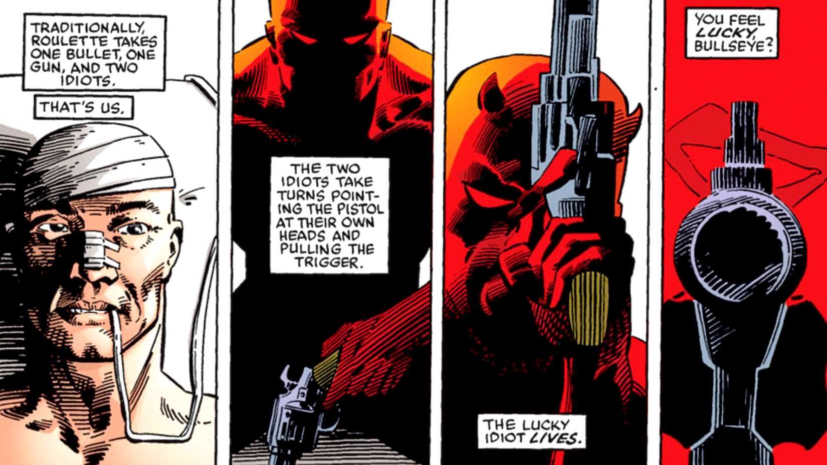 Matt Murdock threatens Bullseye playing a game of Russian Roulette in Daredevil 191