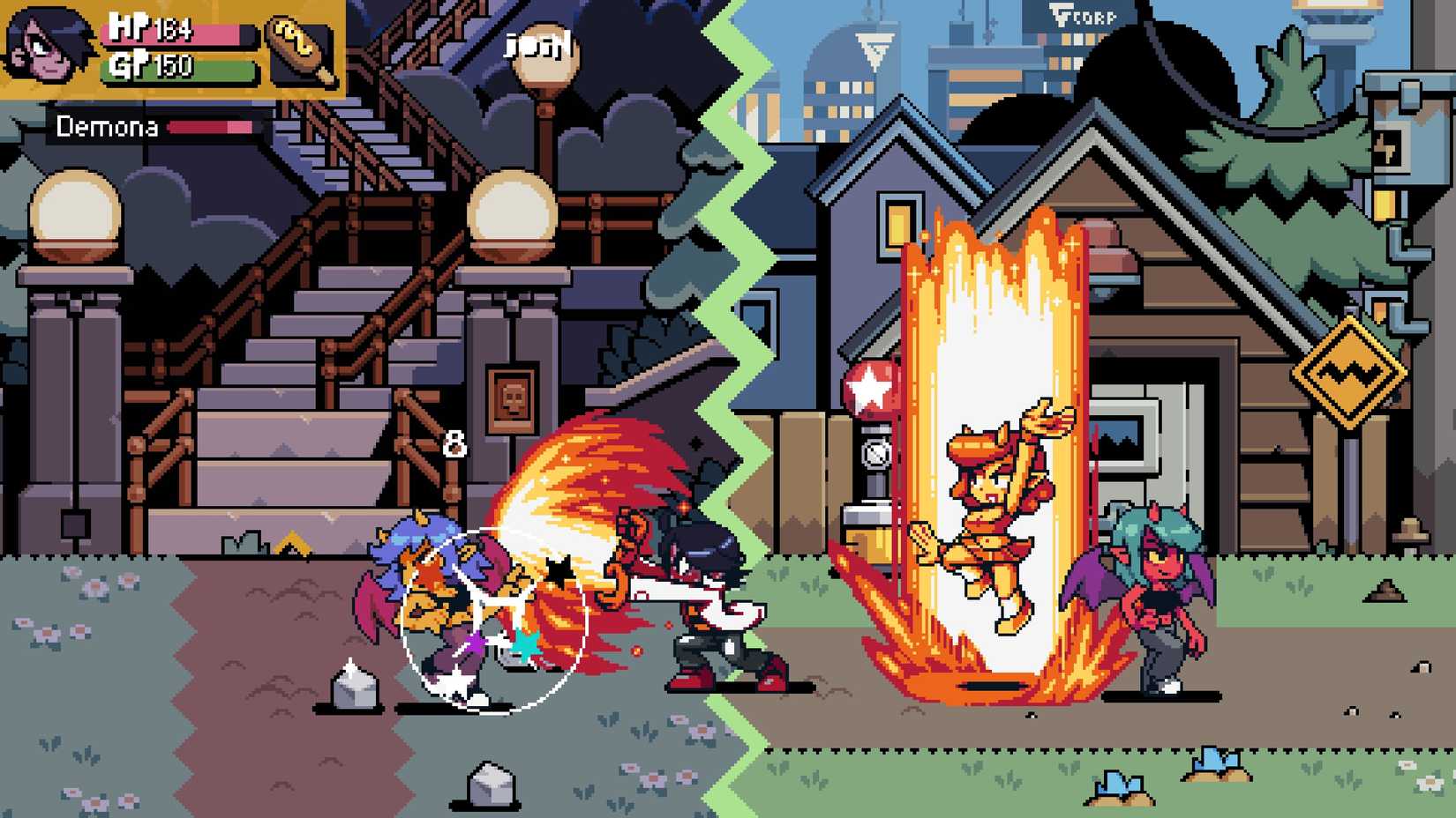 Matthew Patel fights off the Demon Gang in the Suburbs in Scott Pilgrim EX