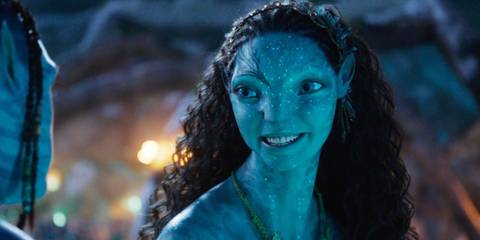 Tsireya smiling and looking at Lo'ak in Avatar: Fire and Ash.
