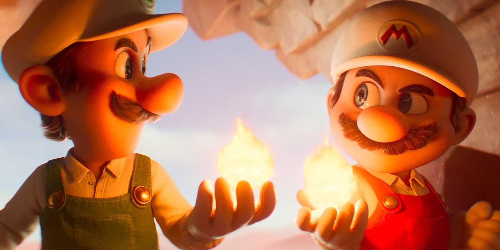 Luigi and Mario using fire powers in The Super Mario Galaxy Movie.