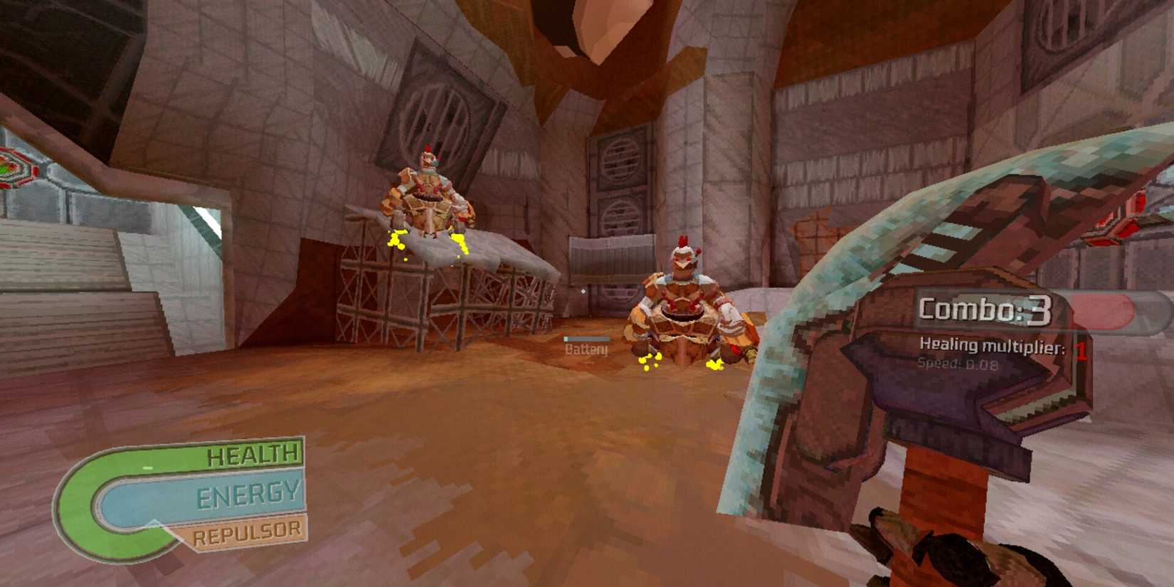 The main character in Metal Goose holds an axe as they face two robotic chickens.