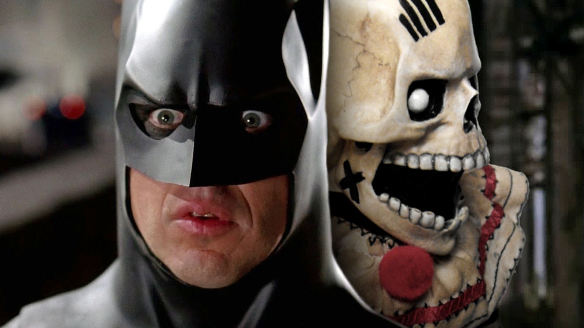 michael keaton as batman with a member of the red triangle gang from batman returns