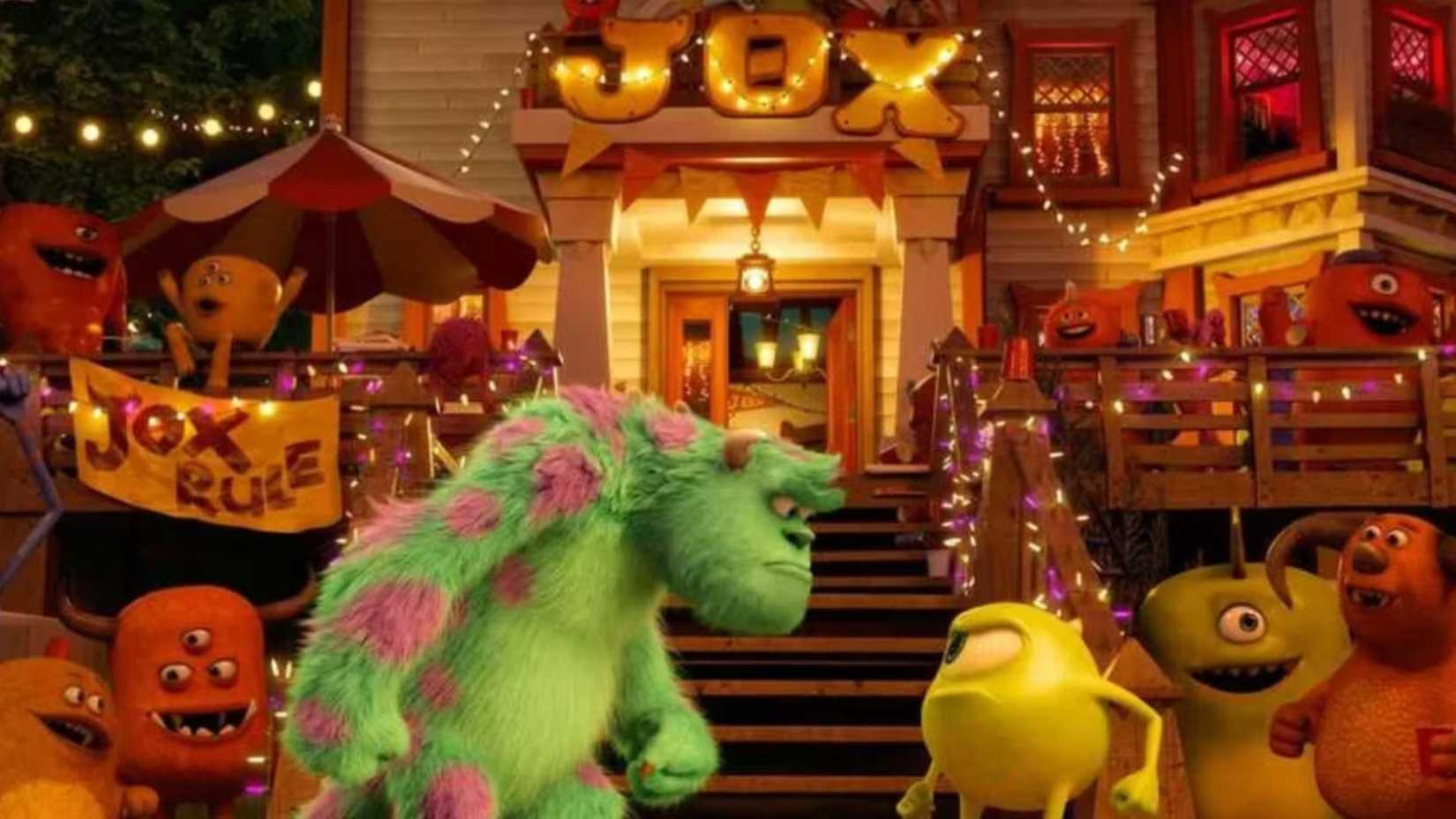 Mike and Sulley fighting outside a JOX party in Monsters University