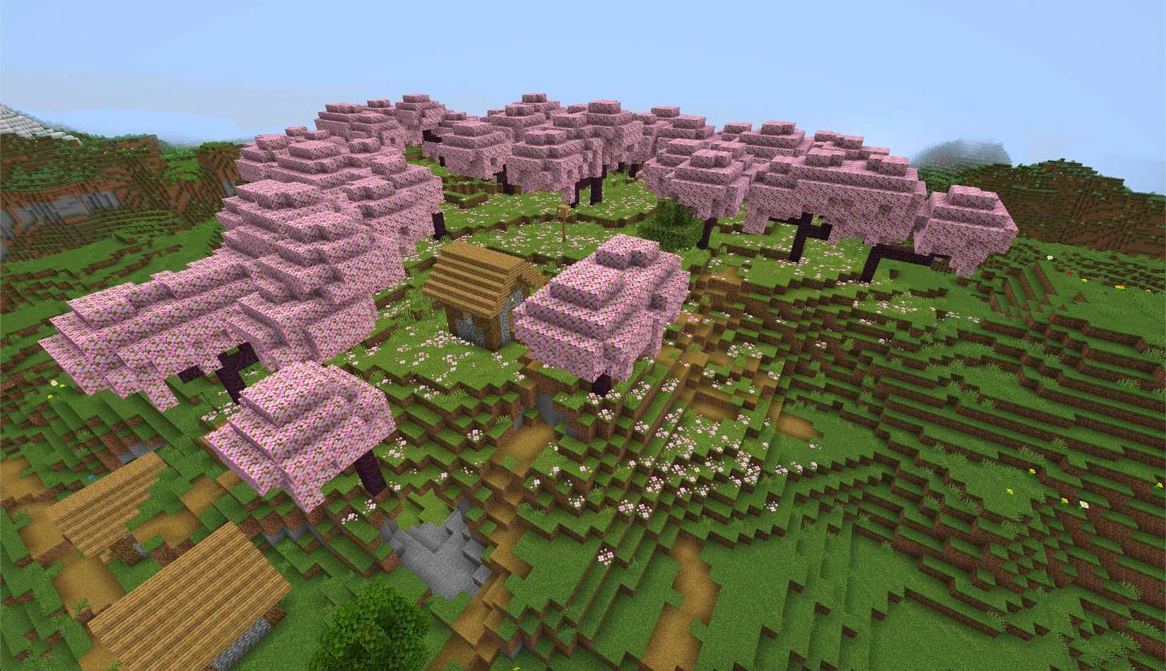 Minecraft cherry grove in a field