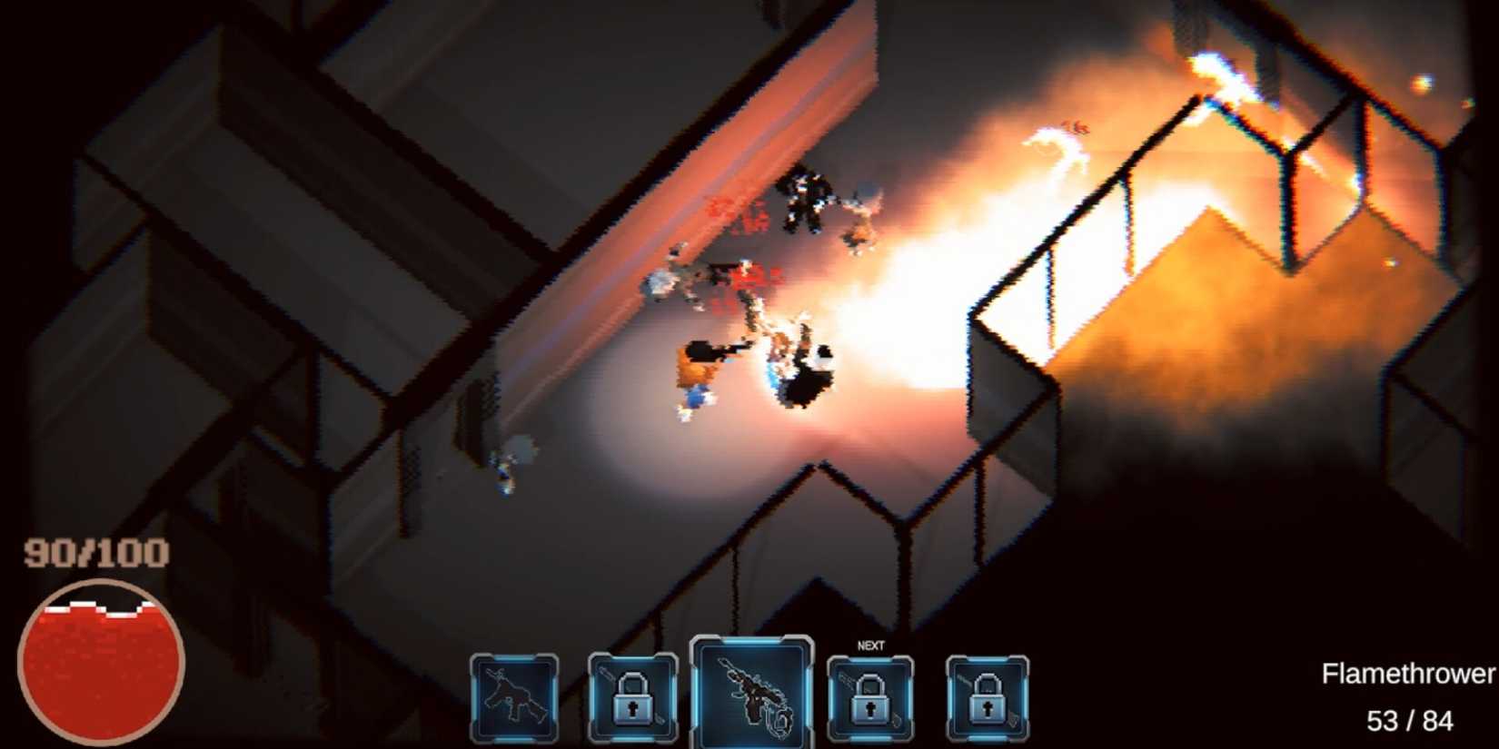 A character uses a flamethrower to shoot flames at minus nine zombies.