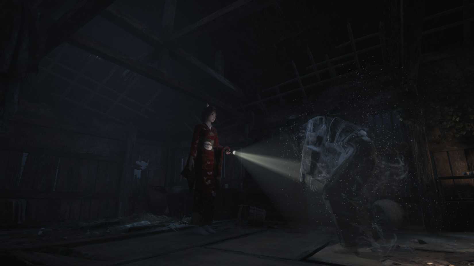 Fatal Frame II: Crimson Butterfly Remake Review 1 Mio shines her flashlight on a damaged ghost in an old shack in Minakami Village in Fatal Frame II Crimson Butterfly Remake