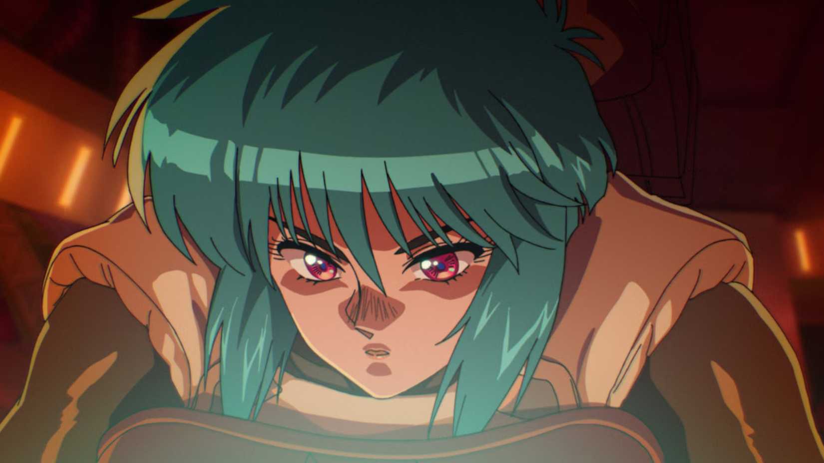 Major Motoko Kusanagi with a serious expression in The Ghost in the Shell.