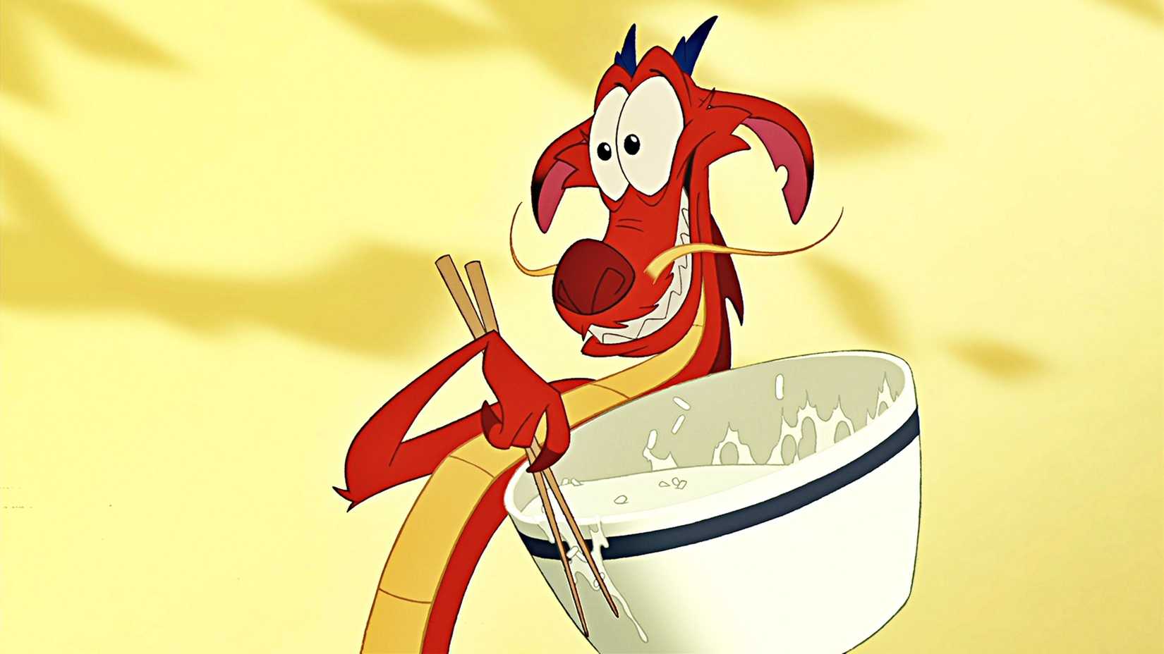 Mushu with a bowl of soup in Mulan