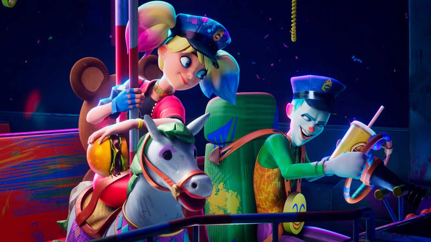 Harley Quinn and the Joker at a carnival in Batwheels season 3