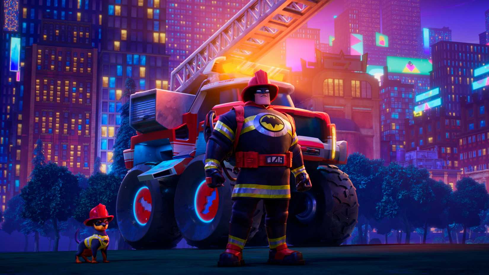 Batman com traje de bombeiro, caminhão e Ace the Bat-Hound em Batwheels temporada 3