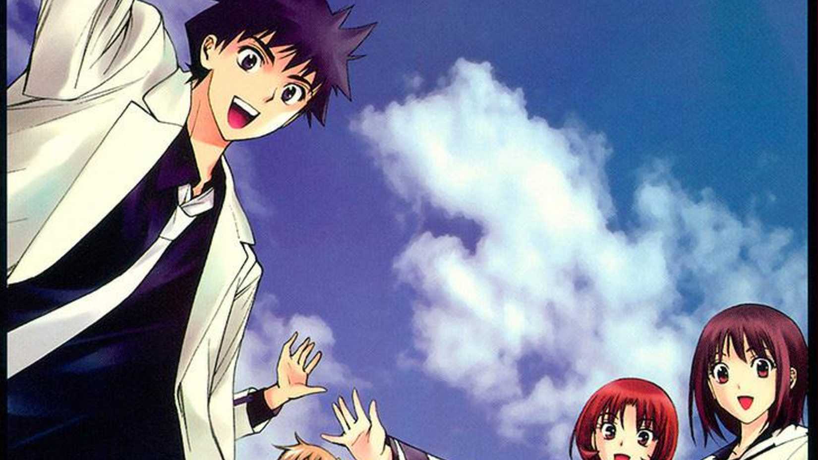 Main cast of the Mx0 manga against a blue sky.