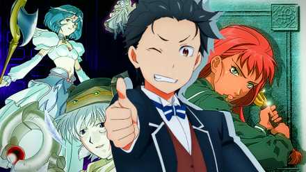 Natsuki Subaru from Re Zero in front of posters of hack SIGN and The Twelve Kingdoms