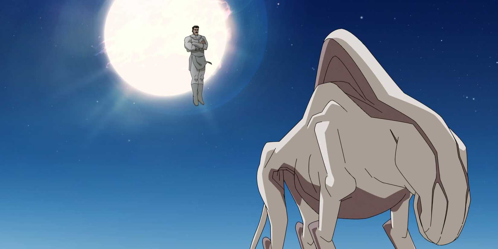 Omni-Man observando uma criatura alienígena em Invincible