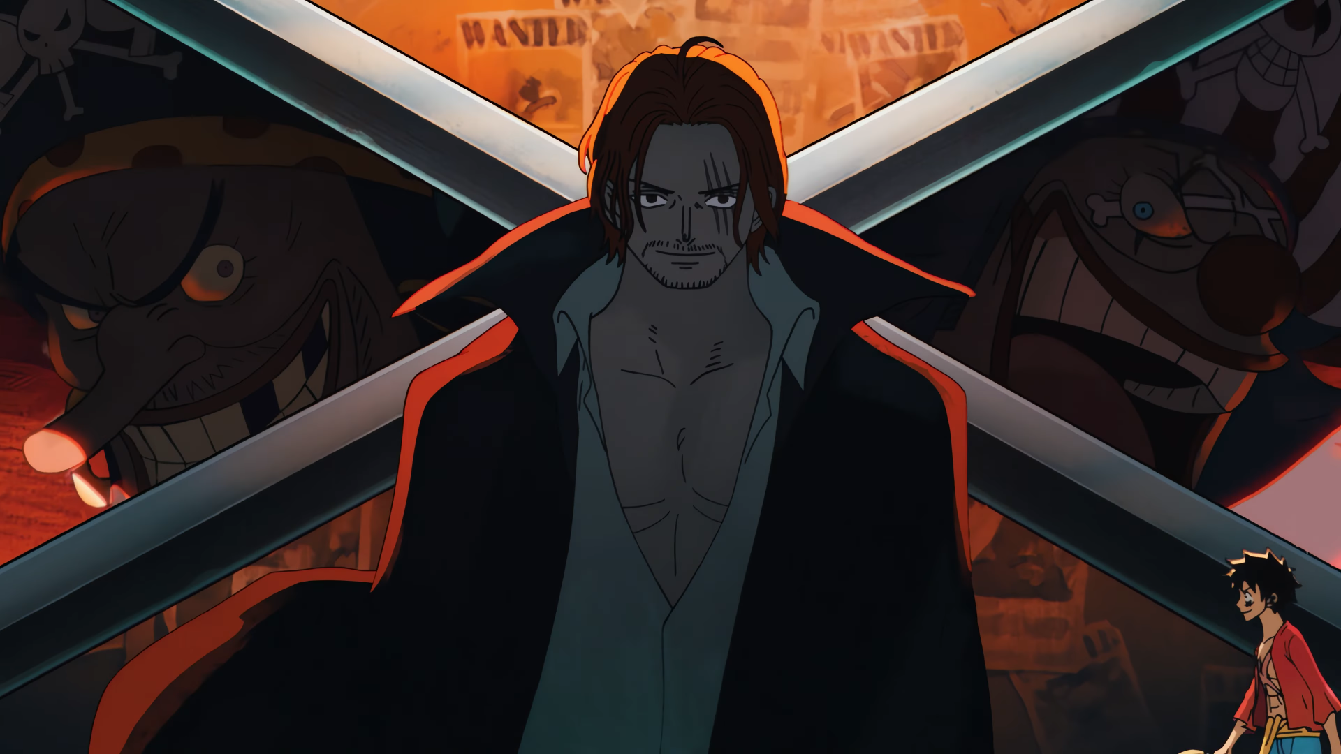 A still from One Piece Egghead Island opening featuring Shanks Infront of Buggy and Blackbeard.