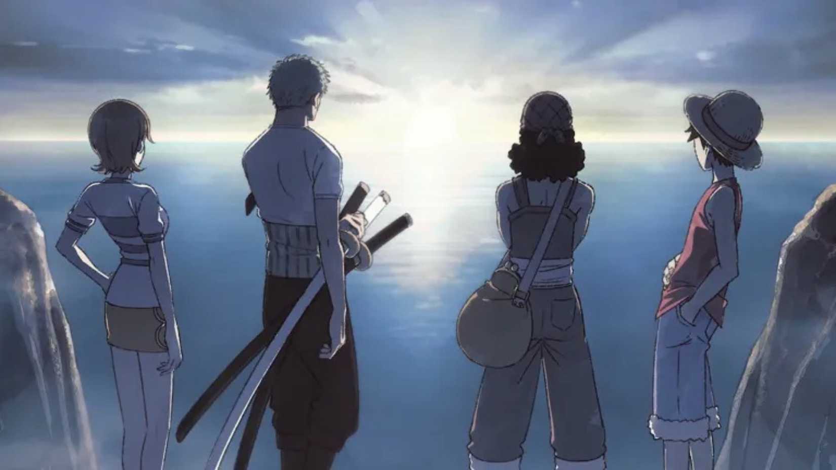 One Piece WIT Studio remake - Luffy, Usopp, Sanji, and Nami  looking at the ocean