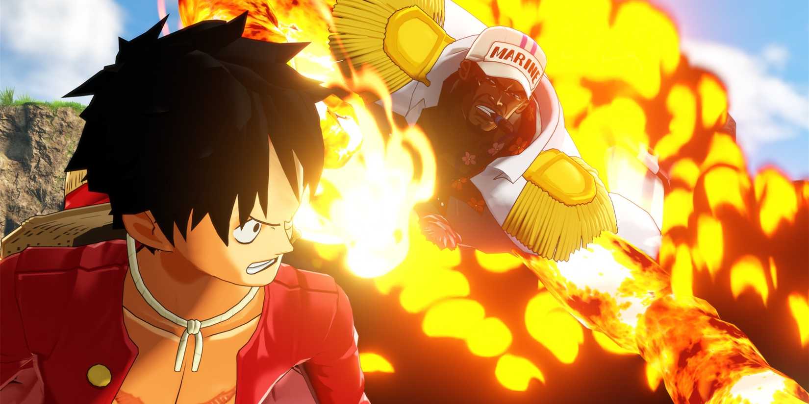 A Marine emerges from an explosion behind Luffy in One Piece World Seeker.