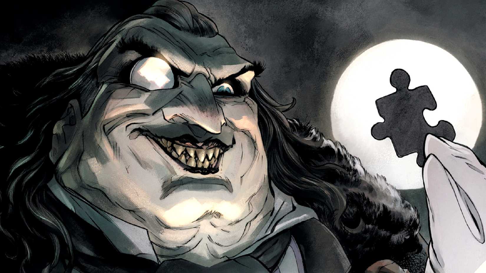 Oswald Cobblepot aka the Penguin holds a puzzle piece in DC Comics cover art