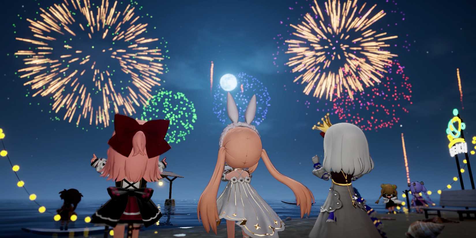 Overfield characters gather a beach festival and watch fireworks at night.