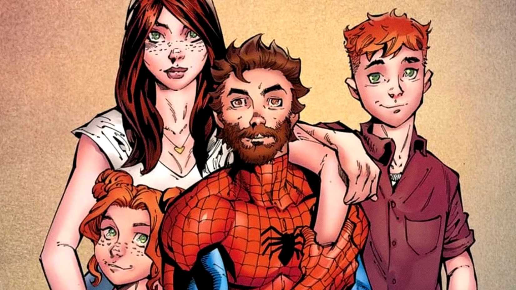 Peter Parker e Mary Jane com seus filhos em Ultimate Spider-Man
