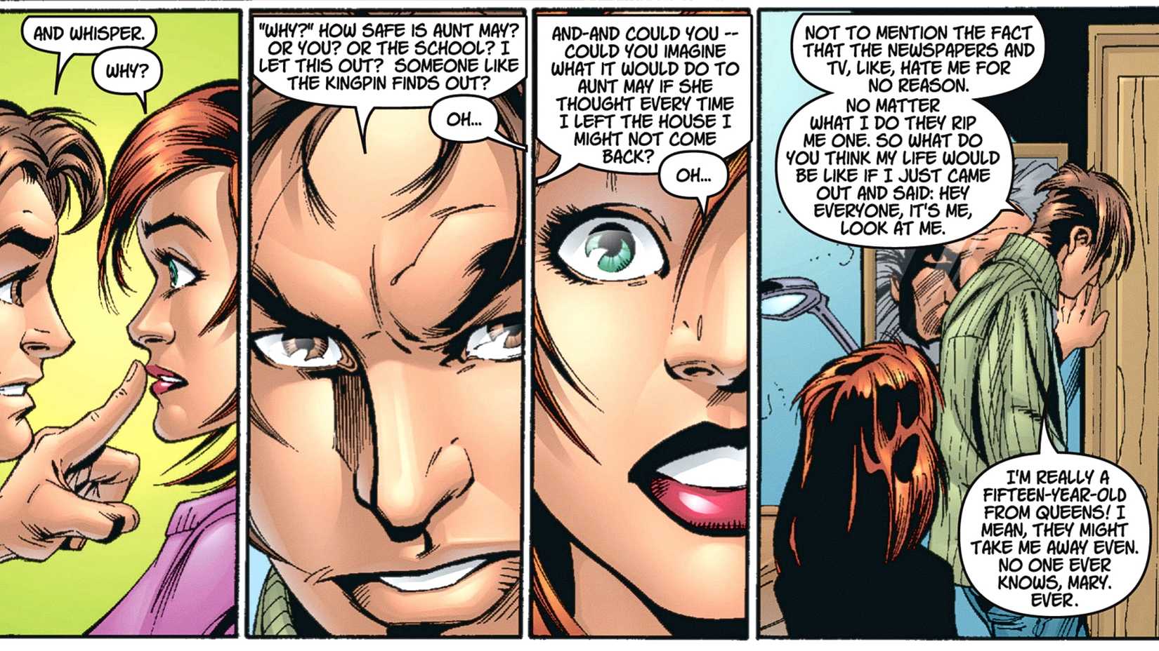 Peter Parker reveals his Spider-Man identity to Mary Jane Watson in Ultimate Spider-Man #13 Confessions
