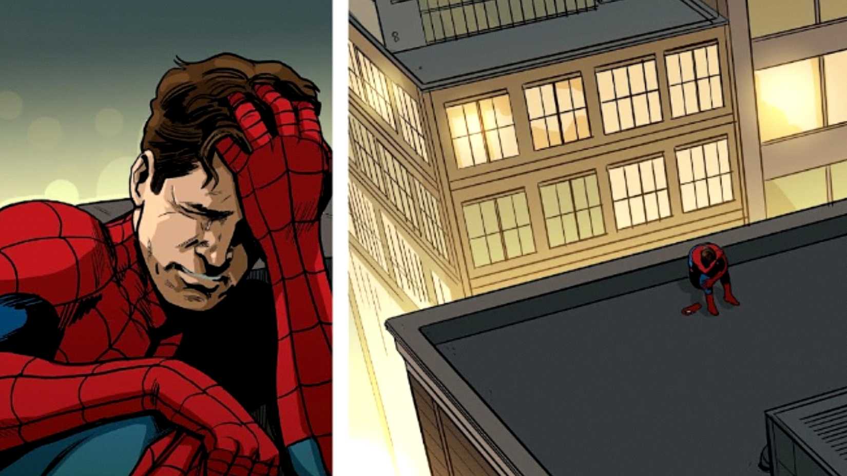 Peter Parker takes off his mask and cries in Spectacular Spider-Man #310