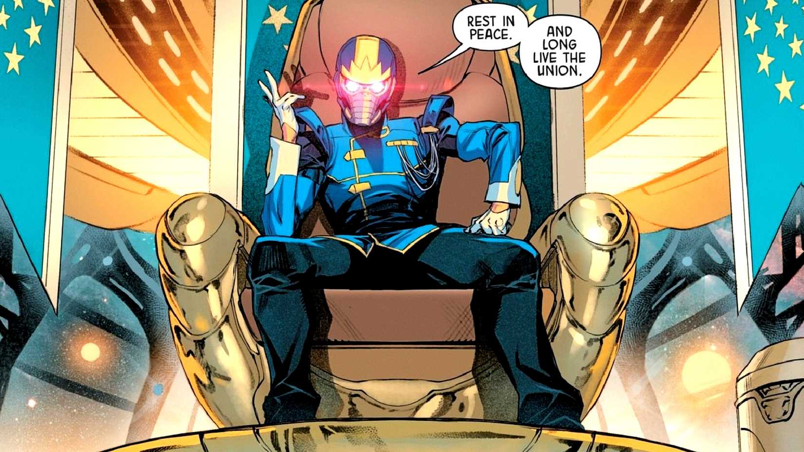 Peter Quill aka Star-Lord sits in his fathers throne as king in Imperial #4