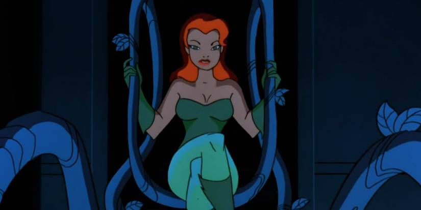 Hera Venenosa segurando e sentada em algumas vinhas em Batman: The Animated Series