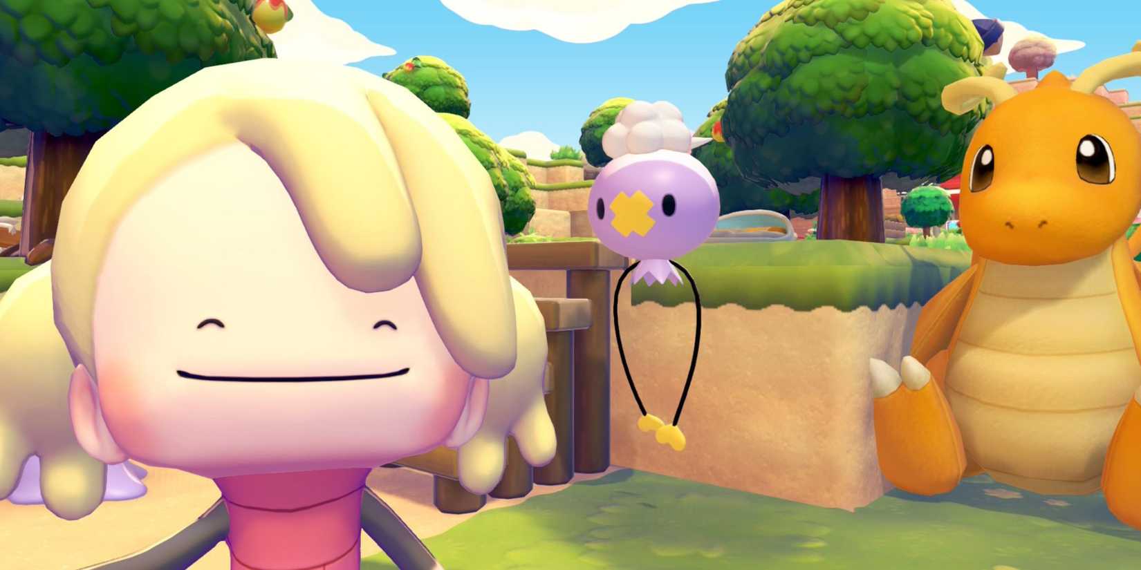 Pokemon Pokopia player character taking a selfie with Drifloon and a Dragonite doll