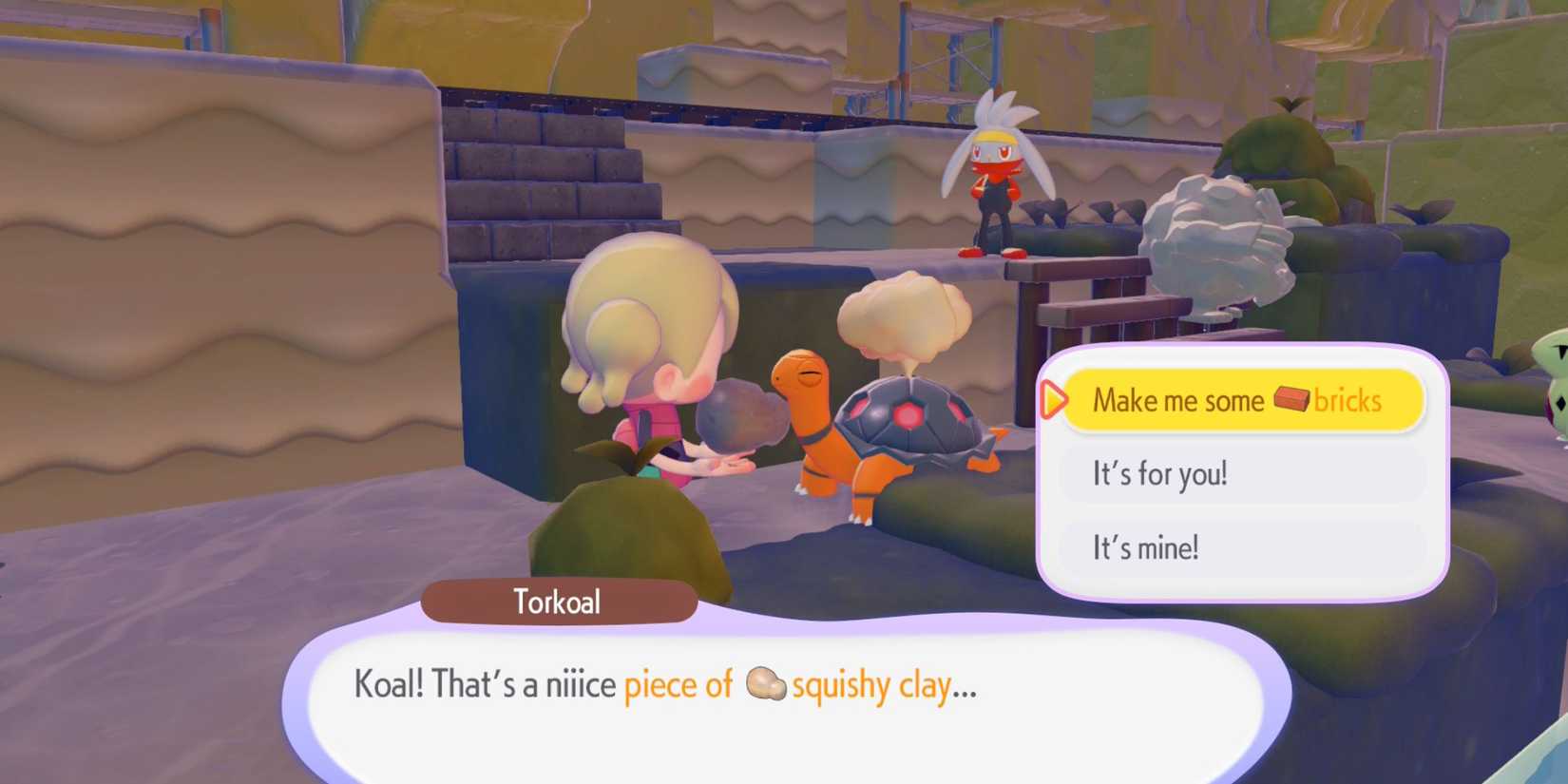 Pokemon Pokopia player giving squishy clay to Torkoal for bricks